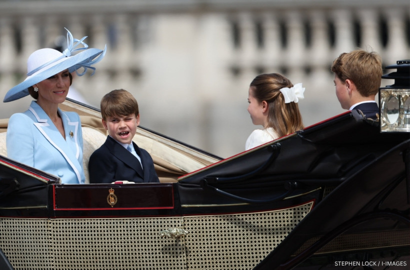 The Princess of Wales and her children George, Charlotte and Louis in their Ascot Landau carriage at Trooping the Colour