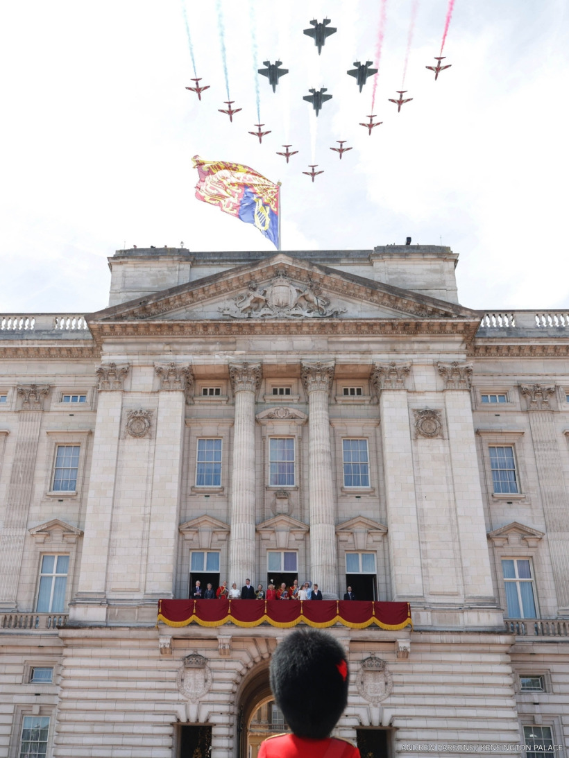 RAF aircraft fly over Buckingham Palace during the Trooping the Colour flypast