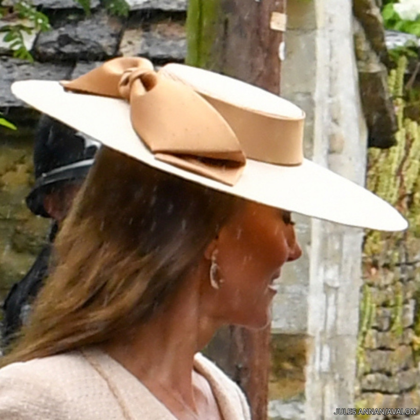 Kate Middleton's Jane Taylor London Hera hat in straw with a brown satin bow worn at the back
