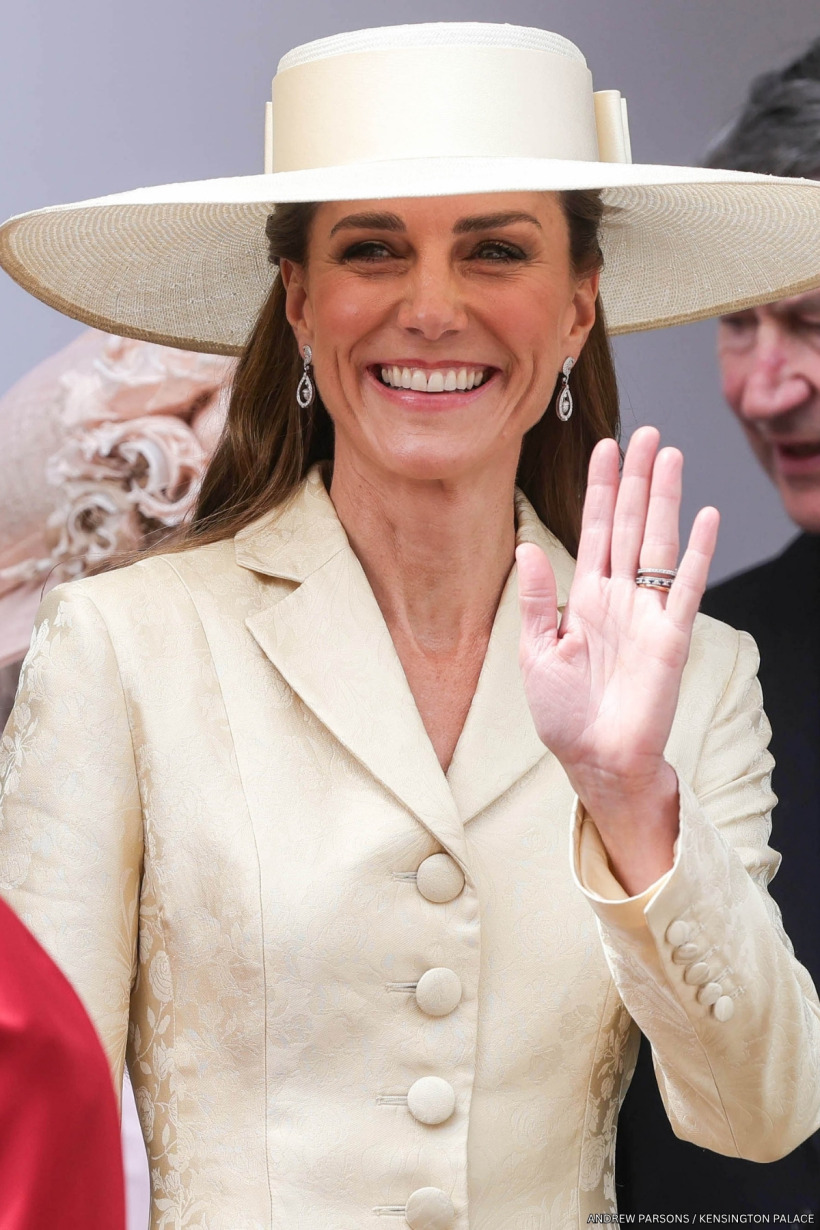 Kate Middleton wearing a cream and gold coat dress by Patrick McDowell with a matching wide-brimmed hat at the 2026 Order of the Garter service