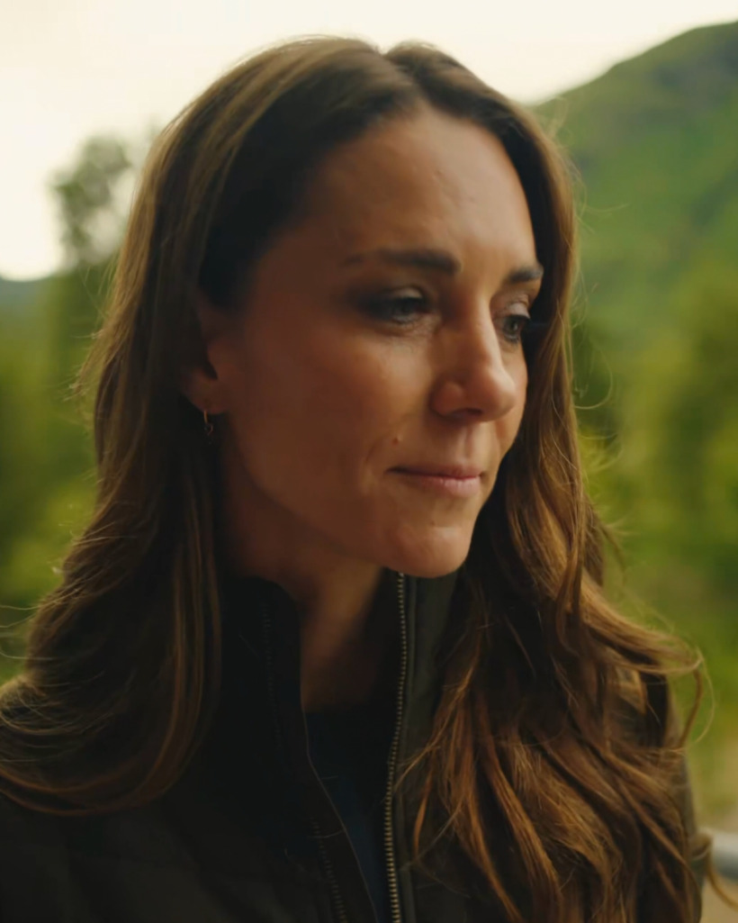 Kate Middleton outdoors in a dark jacket in a still from the video message she recorded before taking on the Three Peaks Challenge