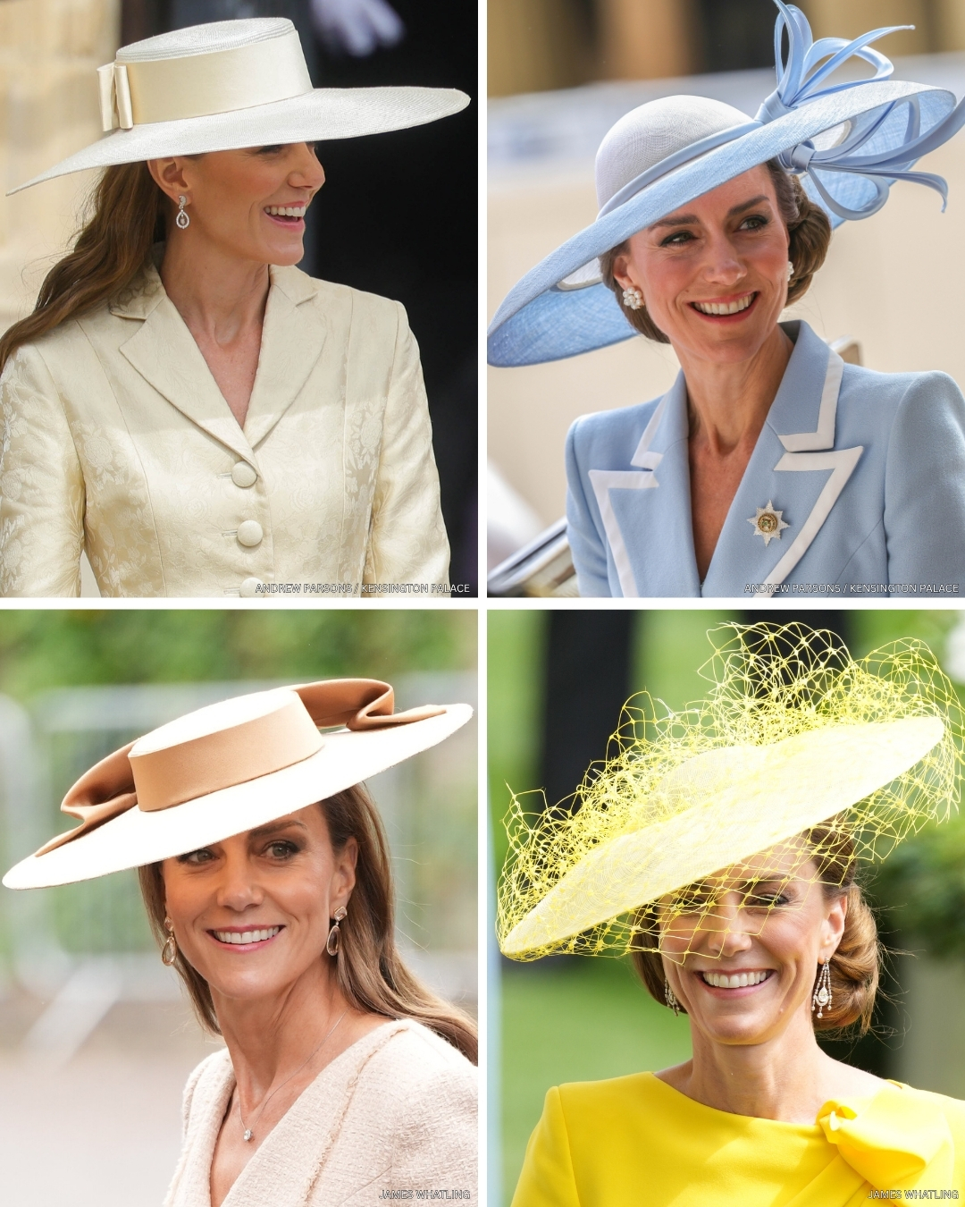 Four shots of Kate Middleton wearing wide-brimmed hats at recent royal events