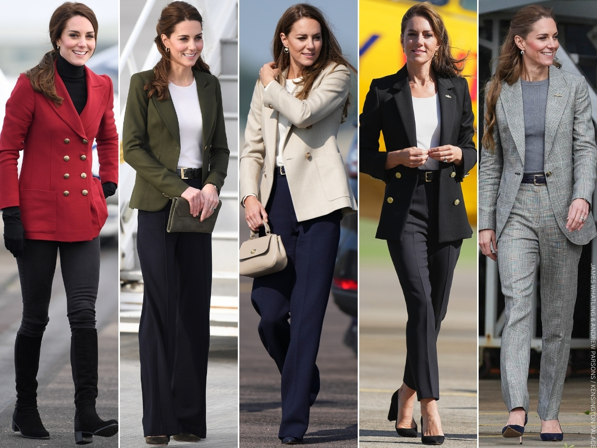 A collage of Kate Middleton wearing blazers and trousers at military engagements over the years