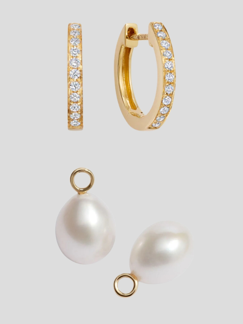 The Annoushka baroque pearl drops paired with Kiki McDonough 'Classic' yellow gold and diamond hoops
