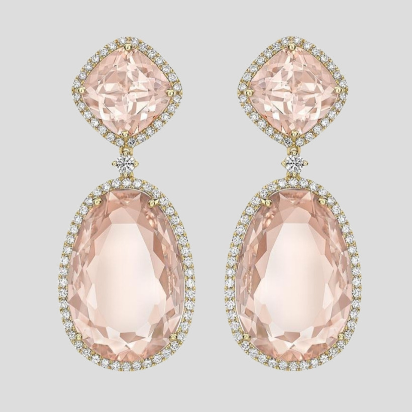 Kiki McDonough pink morganite and diamond drop earrings set in 18ct white gold