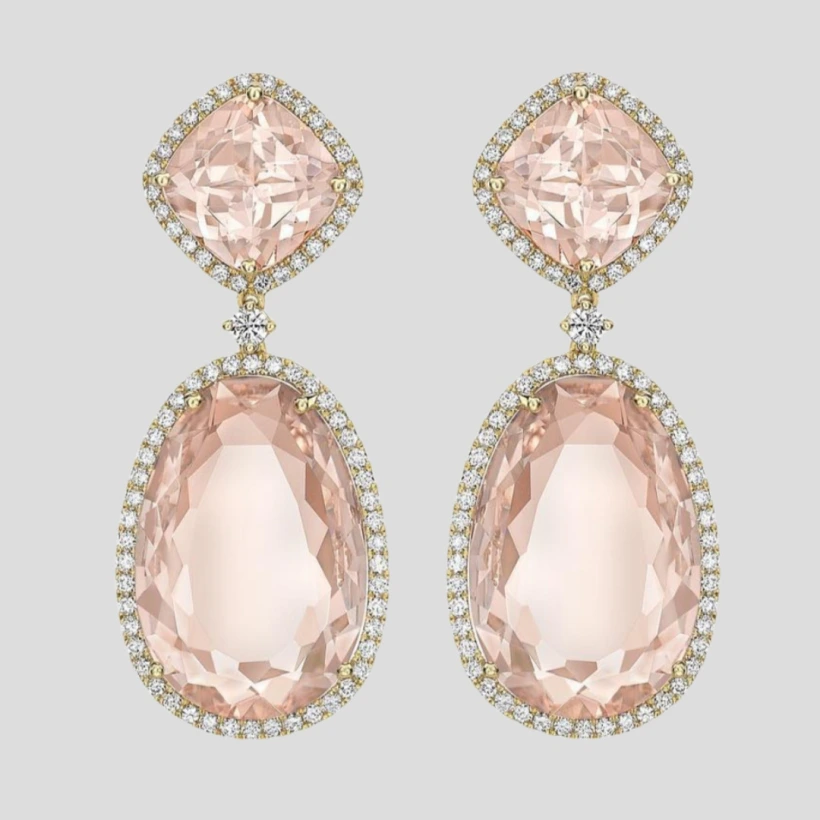 Kiki McDonough pink morganite and diamond drop earrings set in 18ct white gold