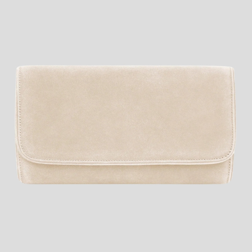 The Emmy London 'Natasha' suede clutch in the blush colourway