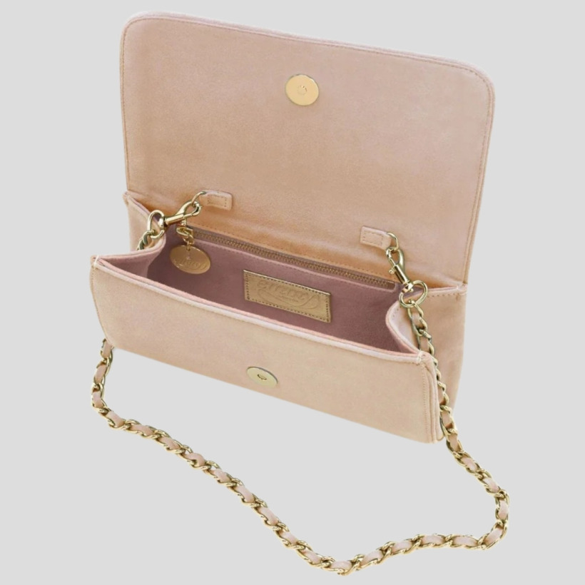 The Emmy London 'Natasha' clutch shown open with its flap front