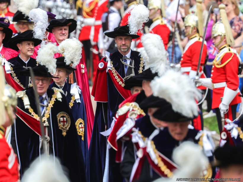 Prince William wearing the navy velvet robes of the Order of the Garter during the 2026 Garter Day procession