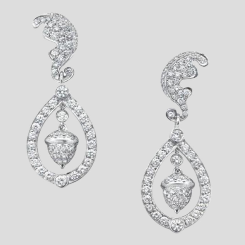 Robinson Pelham 18ct white gold oak leaf earrings with a pavé diamond acorn and pear-shaped diamond drop