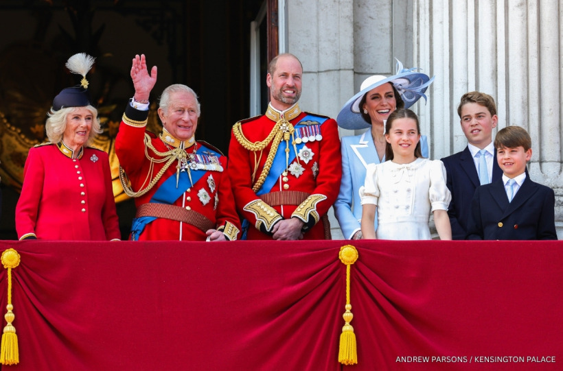 The Royal Family on the Buckingham Palace balcony watching the flypast at Trooping the Colour 2026
