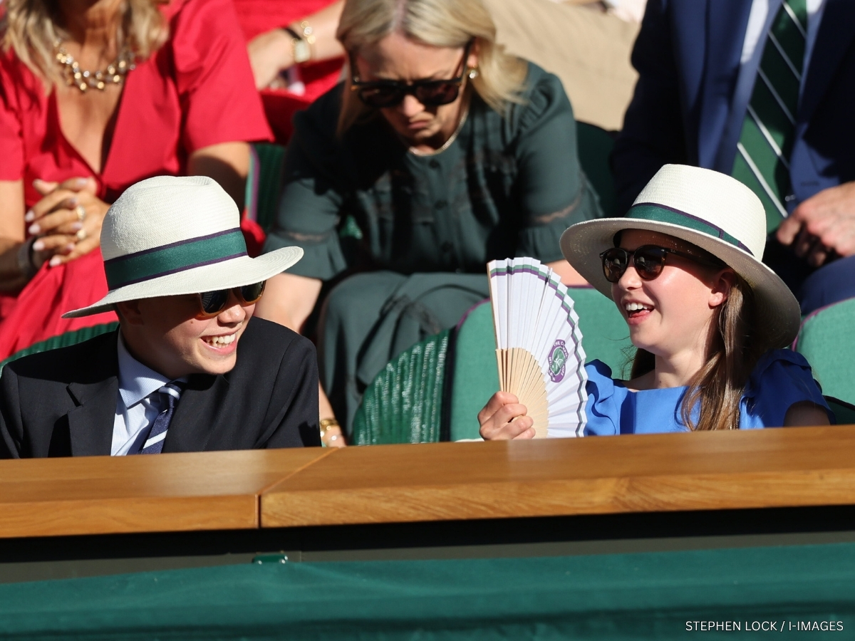 Prince George and Princess Charlotte wearing All England Club hats in the Royal Box