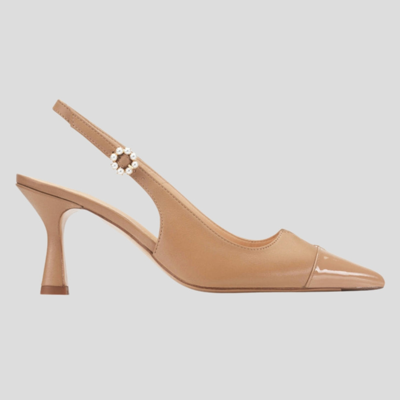 The Camilla Elphick 'Lucia' slingbacks in tan leather with a contrasting patent pointed toe