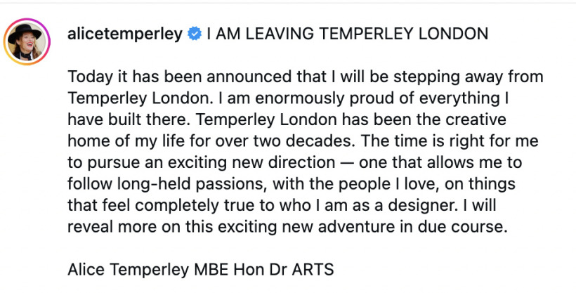 Alice Temperley's Instagram note announcing her decision to step away from Temperley London