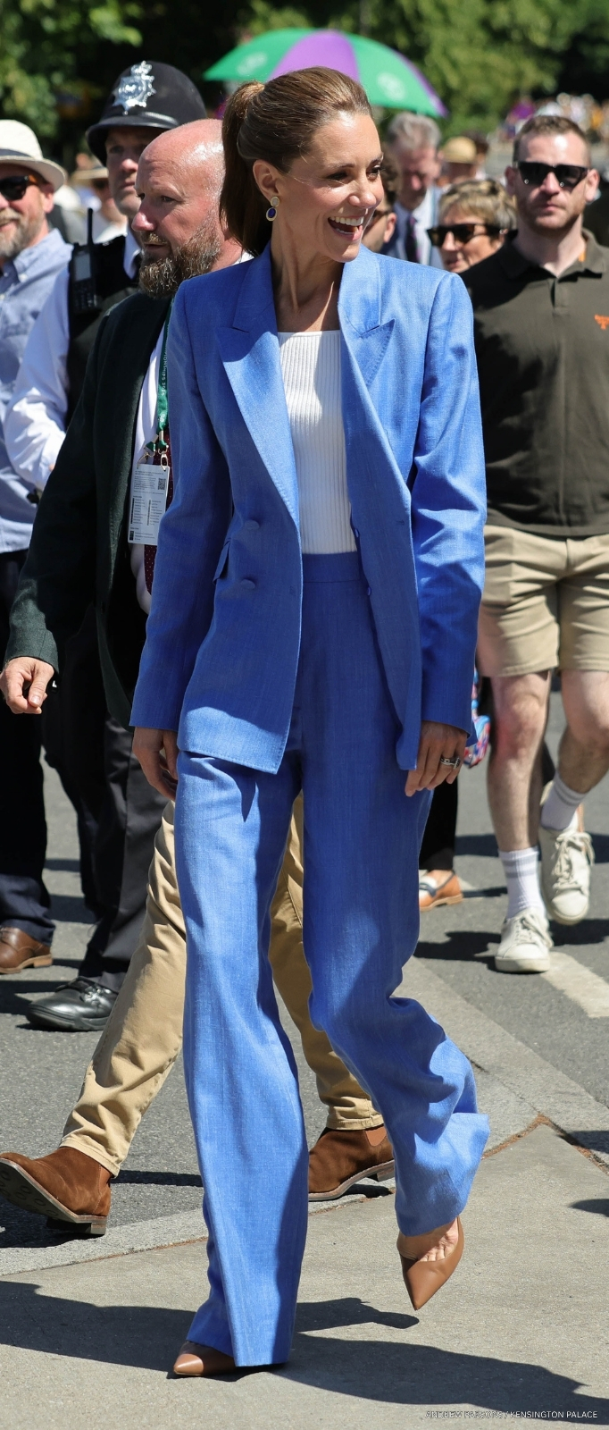 Kate Middleton wearing a blue Gabriela Hearst Stephanie blazer and Vesta trousers