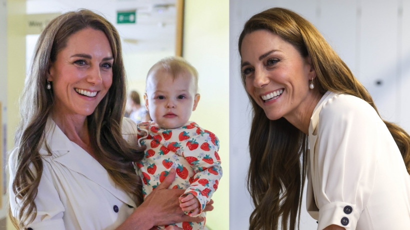 Kate Middleton in a white Suzannah dress during her visit to Evelina London Children's Hospital earlier this week
