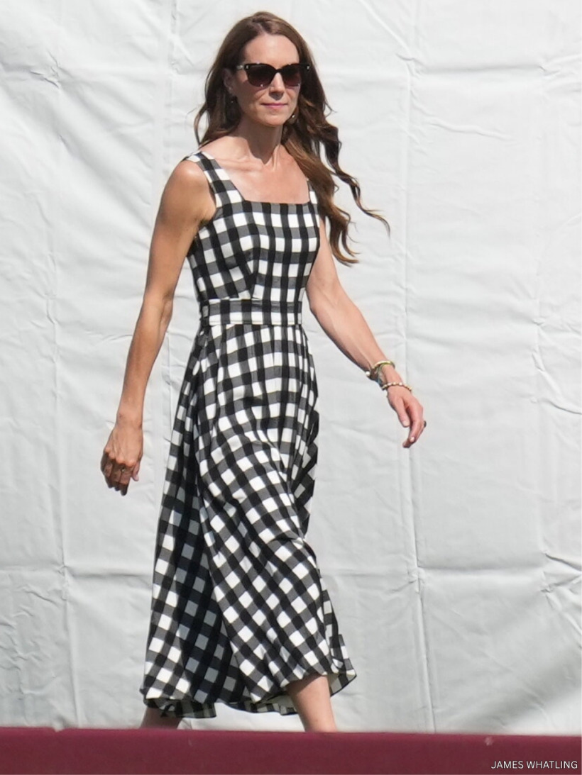 Kate Middleton in a sleeveless black-and-white gingham Temperley London midi dress at the polo