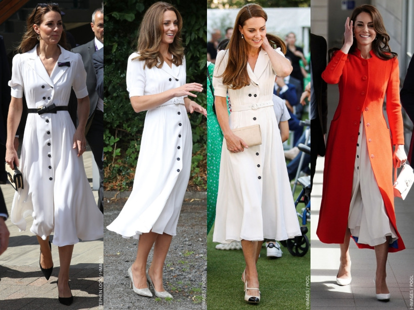 Kate Middleton wearing the white Suzannah 'Flippy Wiggle' dress at previous engagements