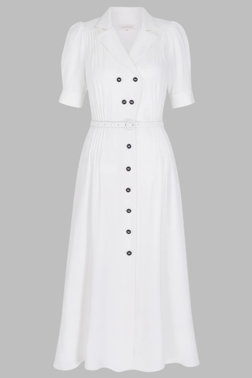 Kate Middleton's white Suzannah 'Flippy Wiggle' dress with pin-tuck detailing and contrasting black buttons
