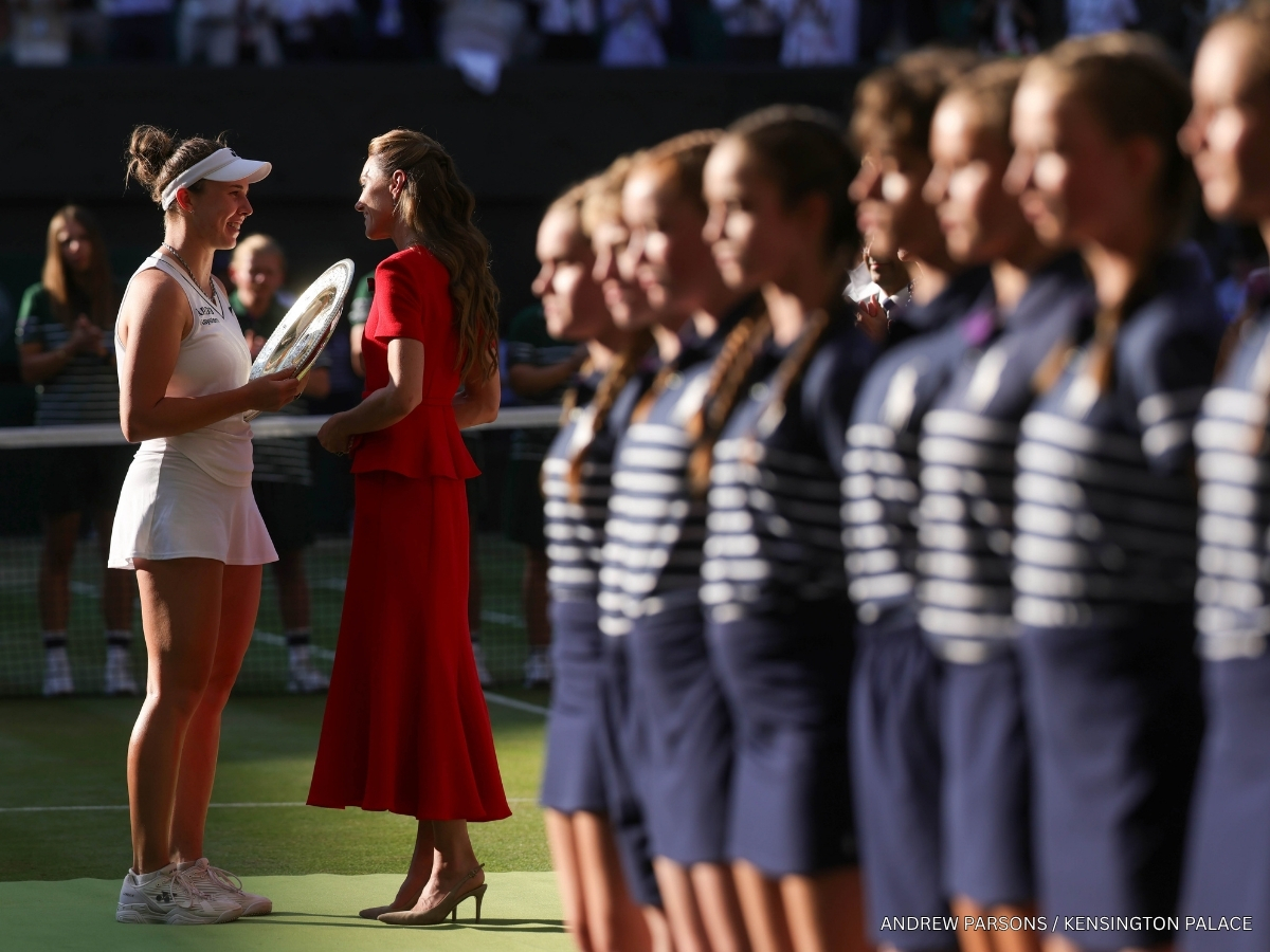 Kate Middleton in a red Roland Mouret peplum dress at the 2026 Ladies' Singles Final