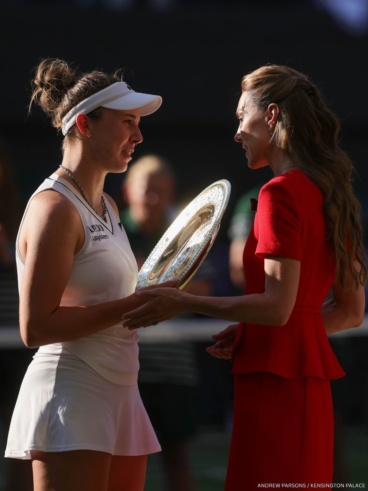 Kate Middleton in her red Roland Mouret dress during the trophy presentations at the 2026 Ladies' Singles Final