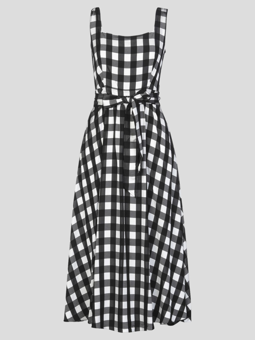 The Temperley London 'Stirling' dress in black-and-white gingham jacquard with a square neckline and self-tie belt