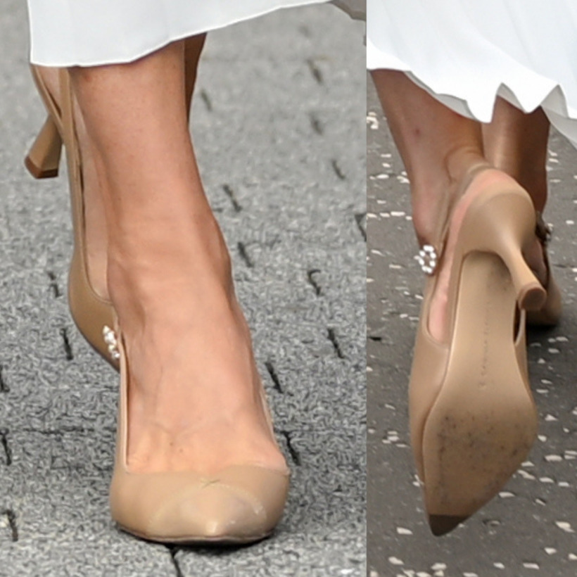 Kate Middleton wearing tan Camilla Elphick 'Lucia' slingbacks with a pearl buckle