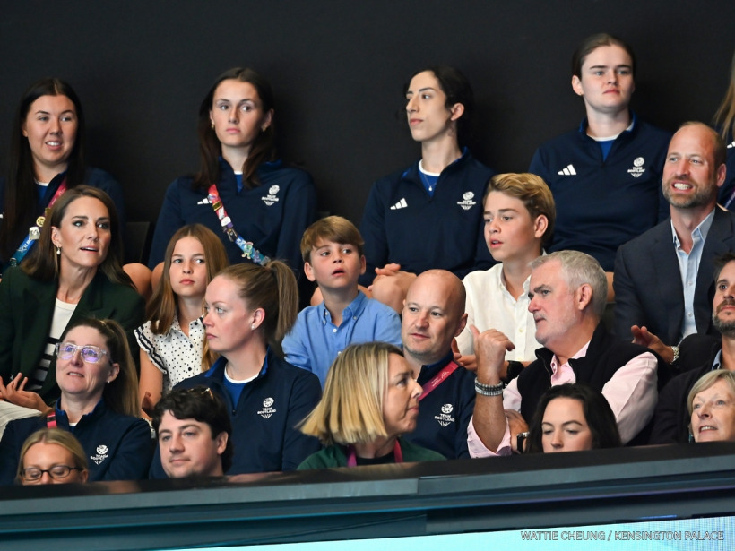 The Prince and Princess of Wales with Prince George, Princess Charlotte and Prince Louis watching the netball at the 2026 Commonwealth Games