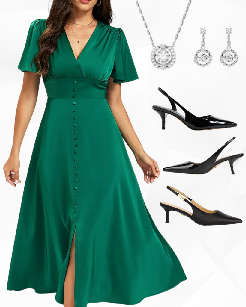 A collage of similar green dress, necklace, earrings and shoe alternatives inspired by Kate Middleton's outfit